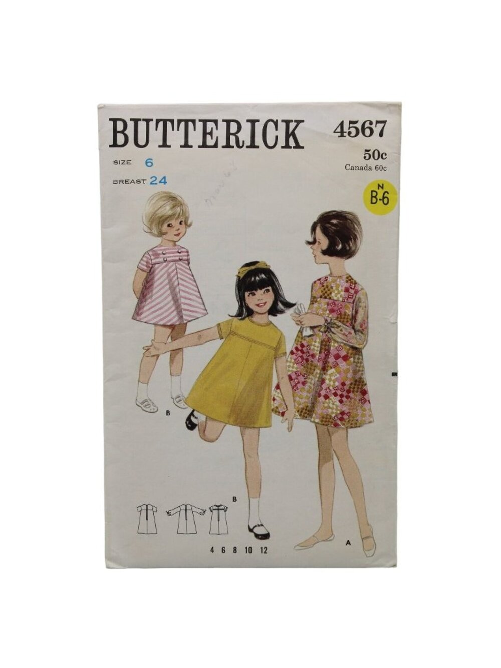 Butterick Girls Dress Sewing Pattern Size 6 Breast 24 4567 Vintage 1960s Cut